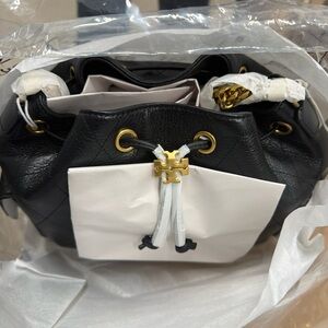 Tory Burch Black small drawstring charlie Shoulder Bucket Bag with Gold Hardware